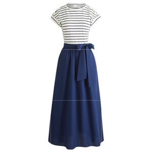 NEW J. Crew Factory Button-shoulder tie-waist knit mixy dress Navy Cream Size LP